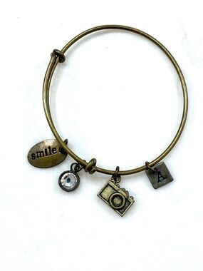 Antique Gold Camera Charm Bangle Bracelet - Personalized Initial